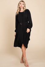 Belted Button Down Crew Neck Pleated Midi Dress Style 1136