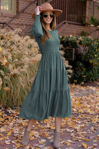 Smocked Ruffle Puff Sleeve Maxi Dress Style 0024