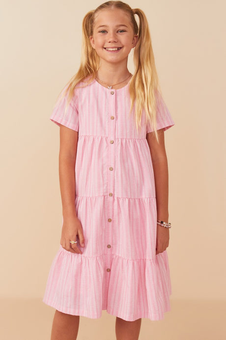 Girls Striped Midi Button Dress Style 8077 in Pink