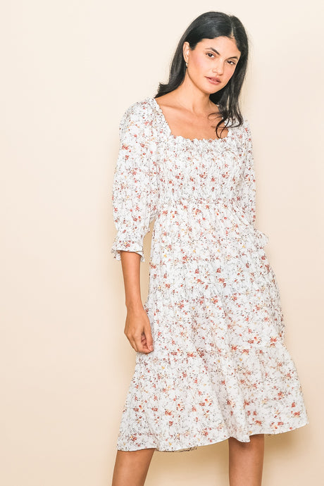 Floral Smocked Dress 1218 in Cream or Light Blue