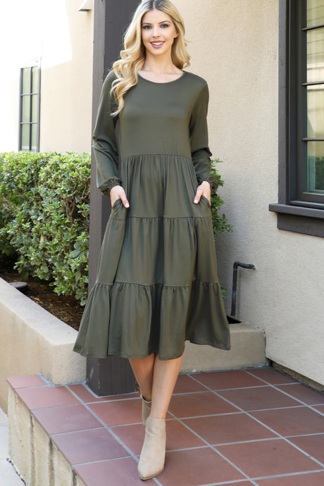 Long Sleeve Elastic Waist Tiered Dress Style 0071