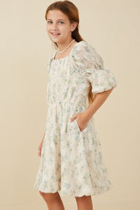 Girls Floral Printed Mesh Puff Sleeve Dress 8130