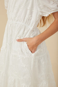 Girls Embroidered Puff Sleeve Dress Style 8065 in Off White