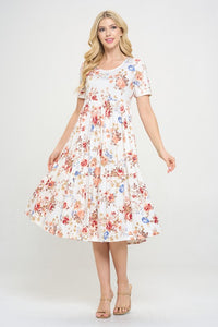 Tiered Floral Midi Dress in Ivory Floral Style 333