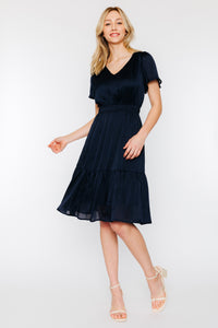 Satin V-Neck Midi Dress 2442 in Navy