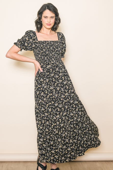 Floral Short Sleeve Maxi Dress 1246 in Black