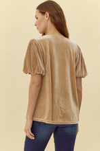 1776 Velvet Short Puff Sleeve Top In Beige