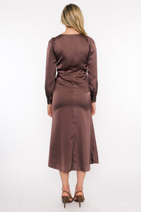 2582 Satin Long Sleeve Dress in Dark Mauve