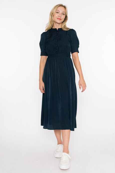 42643 Front Button Down Elbow Sleeve Dress in Navy