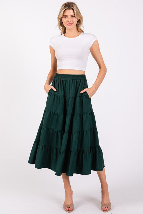 80531 Full Swing Tiered Midi Skirt in Hunter Green