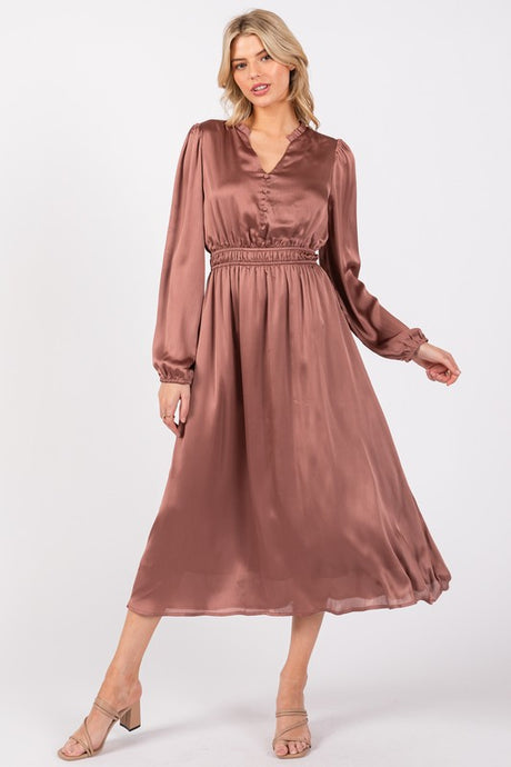 2658 Satin V-Neck Dress in Mauve