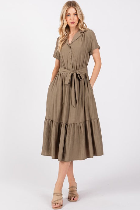 42634 V-Neck Collared Utility Dress in Vintage Olive