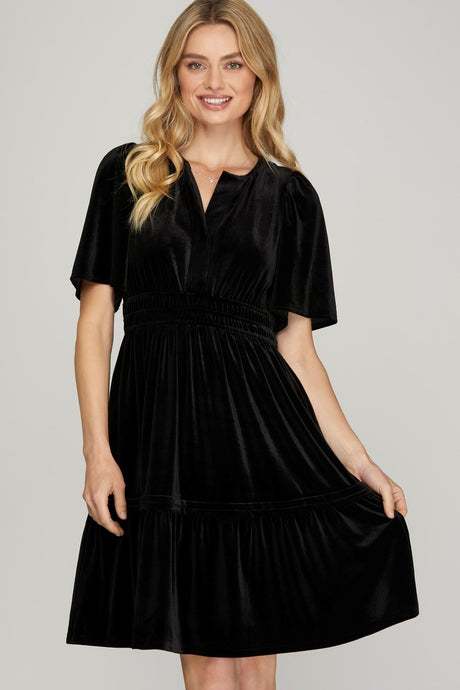 7496 Split Neck Velvet Dress in Black