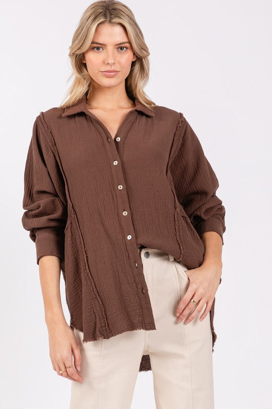 31475 Dolman sleeve button up Top in Chocolate