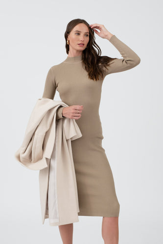 Sweater Knit Midi Dress in Taupe 1605