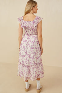 Floral Smocked Dress In Lavender With Ruffle Detail Style 9153