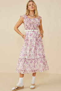 Floral Smocked Dress In Lavender With Ruffle Detail Style 9153