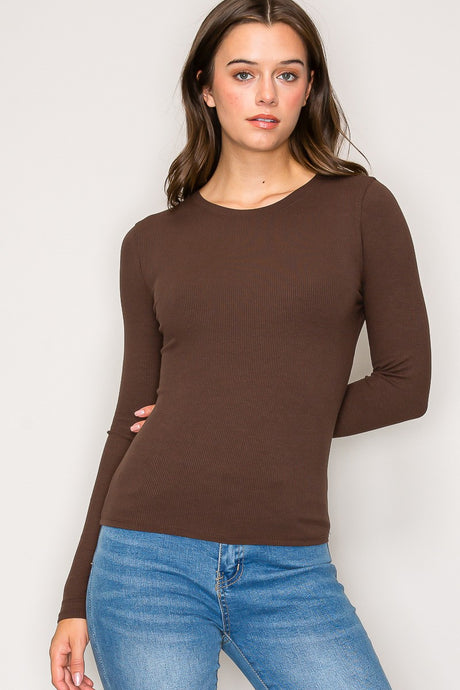 9509 Crew Neck Rayon Ribbed Long Sleeve in Hot Fudge