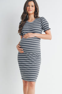 Striped Short Sleeve Maternity Dress 2931 in Black or Taupe