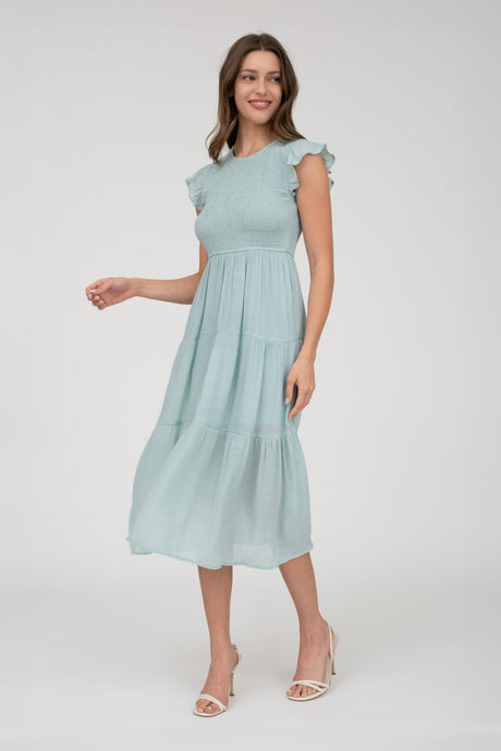 Smocked Tiered Midi Dress 2029 in Light Sage
