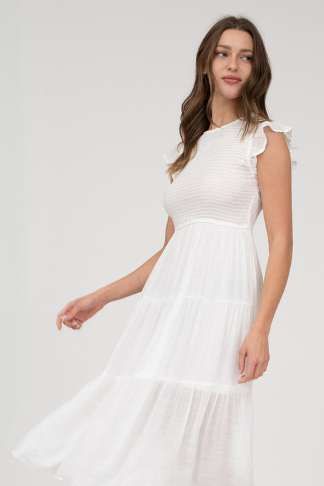 Smocked Tiered Midi Dress 2029 in Off White