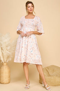 Peach Print Square Neck Lined Dress 5099