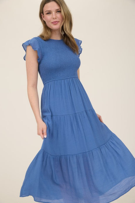 Smocked Tiered Midi Dress 2029 in Dusty Blue