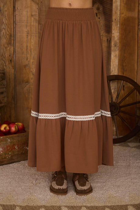 Contrast Lace Trim Midi Skirt in Lt Brown - 2666