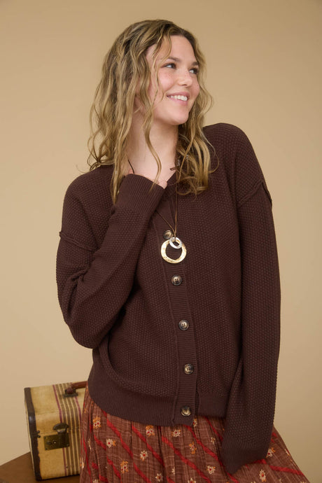 Seam Button Down Knit Cardigan in Chocolate - 1033