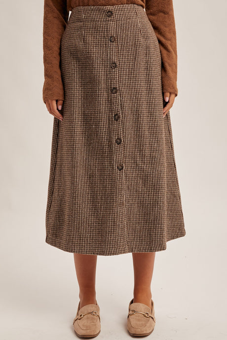 Button Down Houndtooth Skirt 8710 in Brown
