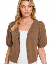 Puff Sleeve Wool Cardigan In Mocha