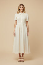 Smocked Bodice Button Up Collar Dress 0404 in Ivory
