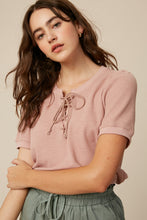 Waffle Knit Lace-up Top In Mauve