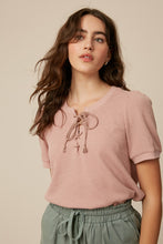 Waffle Knit Lace-up Top In Mauve