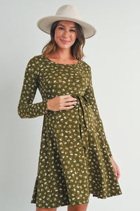 2502 Floral Maternity Skate Dress with Belt in Olive