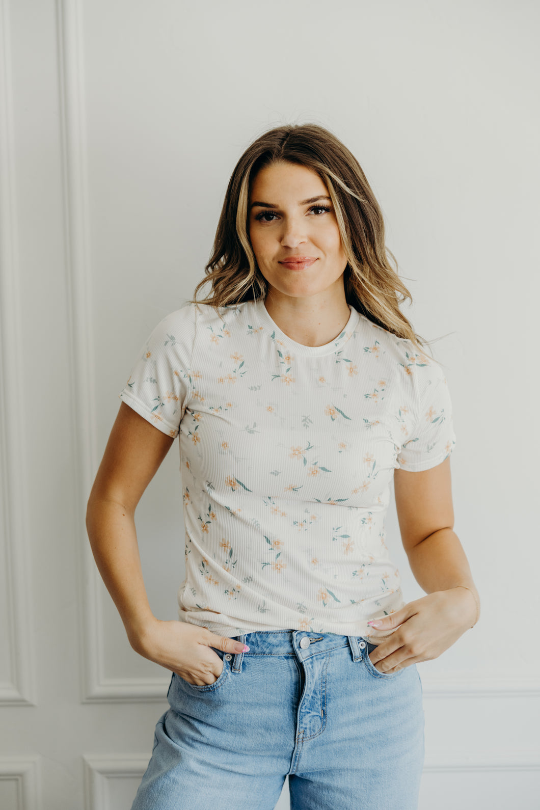 Floral Ribbed Tee in Peach
