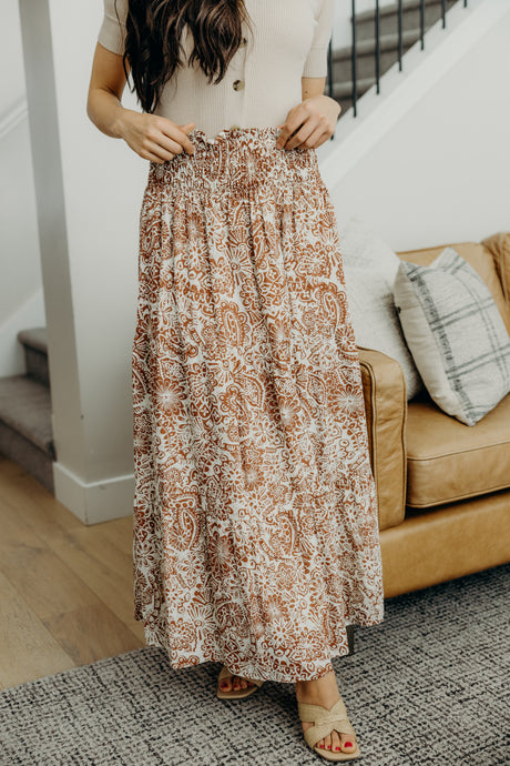 Smocked Waist Maxi Skirt in Copper Crest