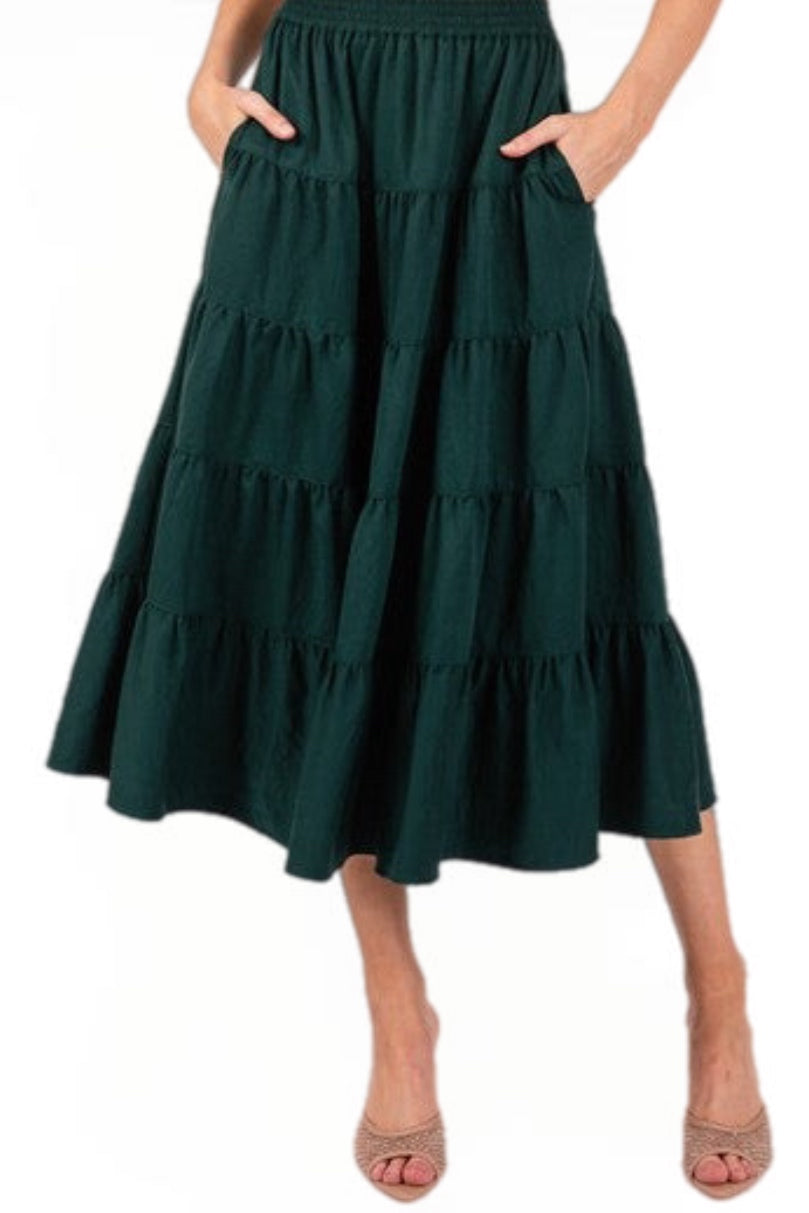 80531 Full Swing Tiered Midi Skirt in Hunter Green