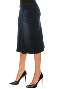 Mid Length Denim Skirt Style with Elastic Waist  79060 in Dark Indigo