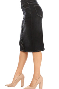 Mid Length Button Denim Skirt Style 77803 in Black Wash