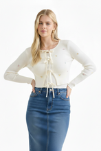 Embroidery Front Tie Cardigan In Ivory