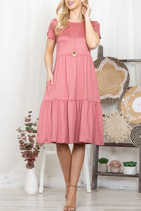 Solid Short Sleeve Tiered Ruffle Dress in Aloe Style 8235