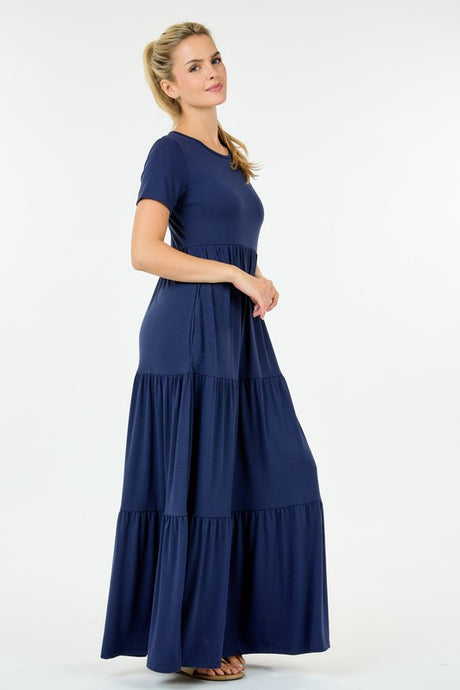 2581 Round Neck Solid Maxi Dress in Navy