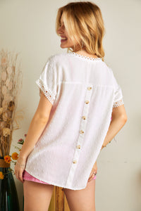Lace Accent Swiss Dot Blouse in White Style 3085