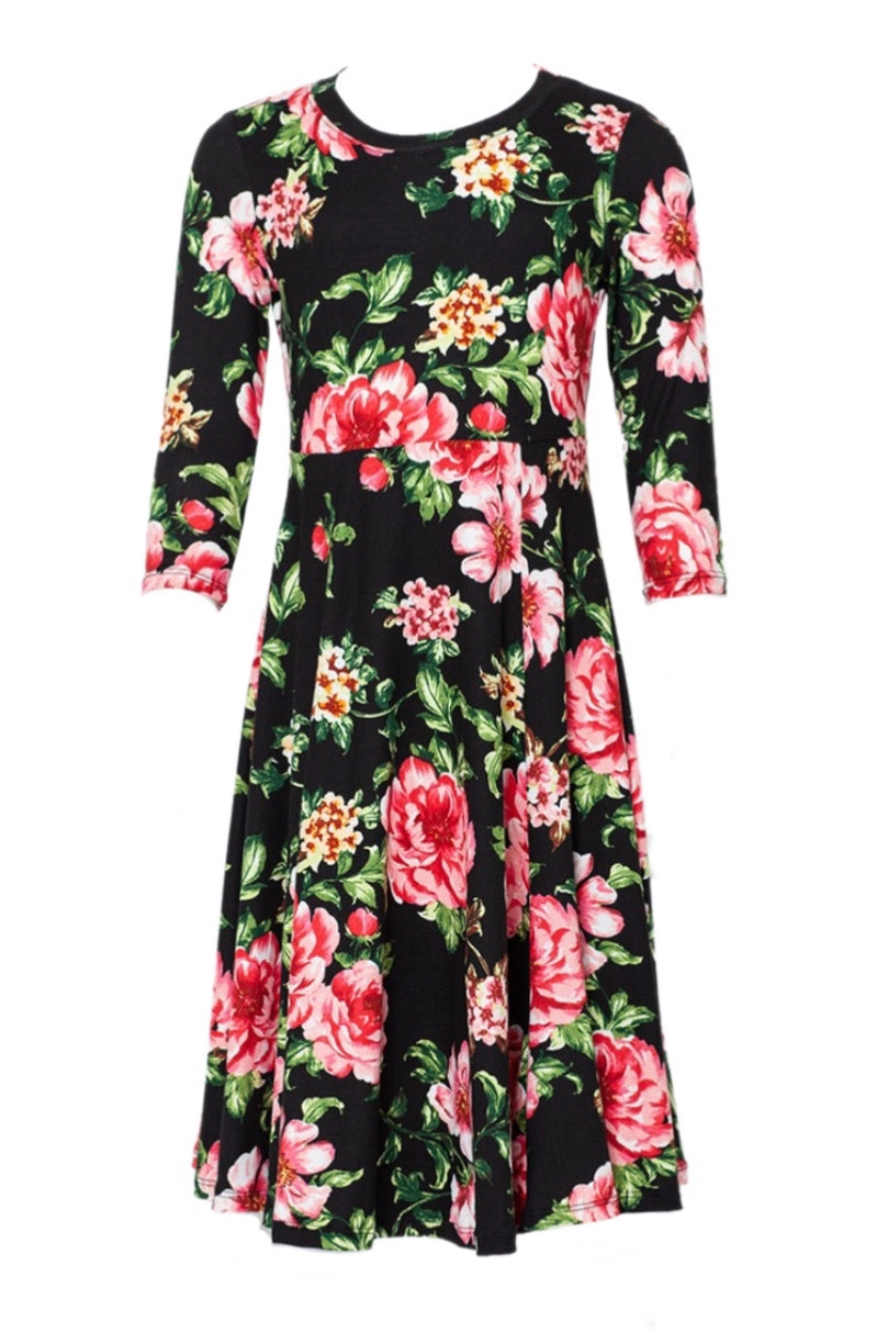 Girls Princess A-line Dress Style 5005 in Black and Navy Floral