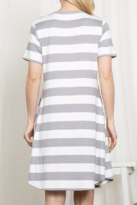 Bold Stripe Cinch Waist Short Sleeve Dress in Grey Style 8253