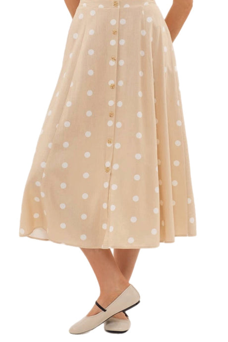 Polka Dot Button Down Midi Skirt Style 2000 in Khaki