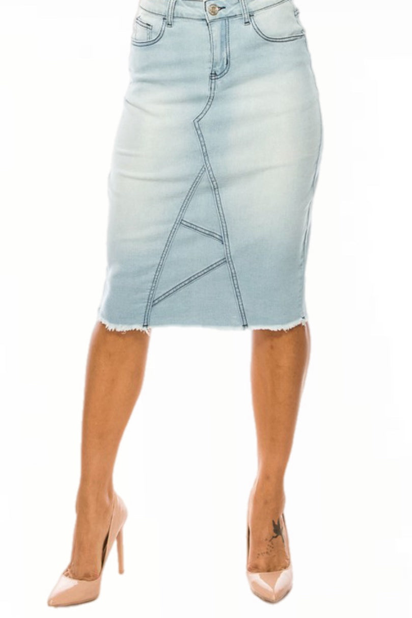 Mid Length Denim Pencil Skirt Style 79138 in Light Indigo