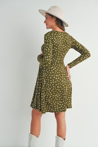 2502 Floral Maternity Skate Dress with Belt in Olive