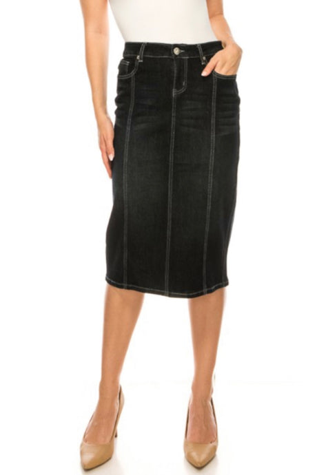 Panel Denim Pencil Skirt Style 77105 in Black Denim